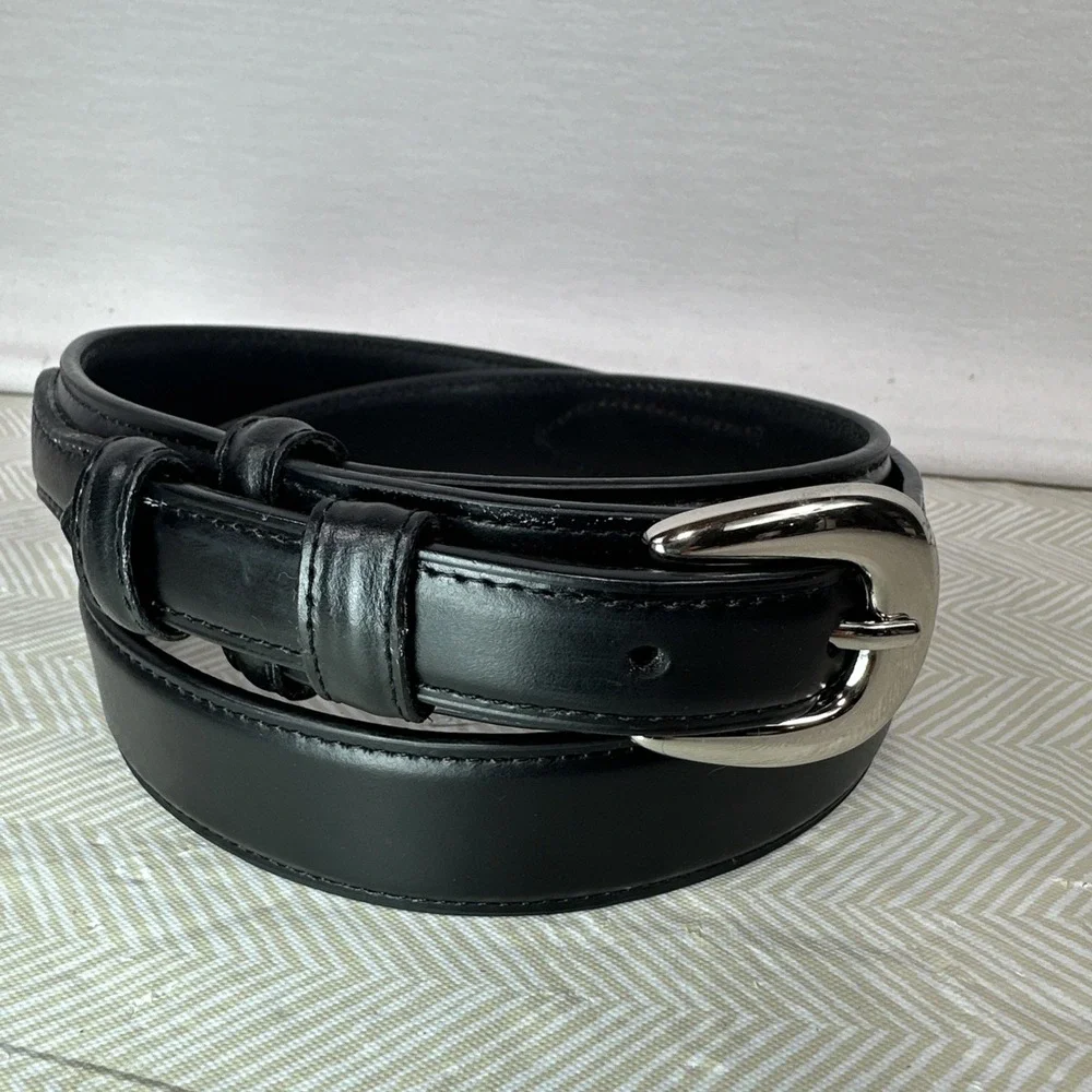 Top Grain Leather Belt Mens 36 Black‎ Silver Buckle Smooth Over Under